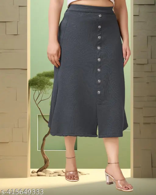 Embellished net cotton blend denim A-line calf length women's skirt, latest fashion from India (size 26/waist 26in, length 31in, hip 30in)