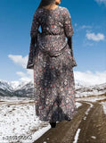 Modern Printed Navy Blue Georgette Gown for Women - Romantic heart pattern dress, perfect for special occasions