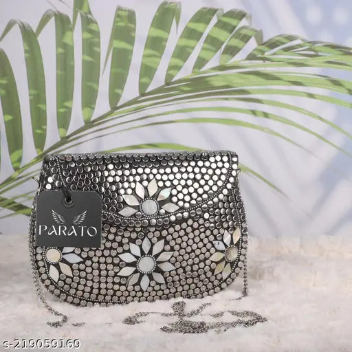 Black metallic Parato Party Bride's Clutch with silver sheep decoration and floral appliques