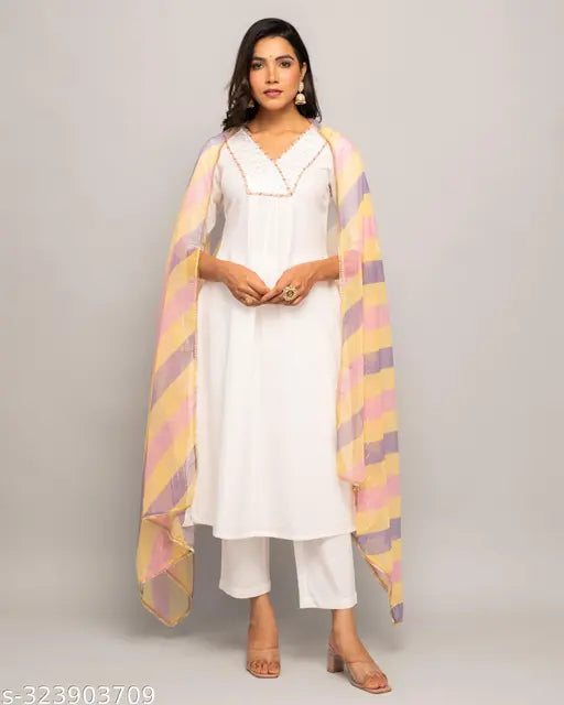 Fiorra Women's white cotton A-line Kurta set with pant and dupatta, chiffon bottomwear, printed, stitched net, pack of 3. Gorgeous Indian outfit for any occasion