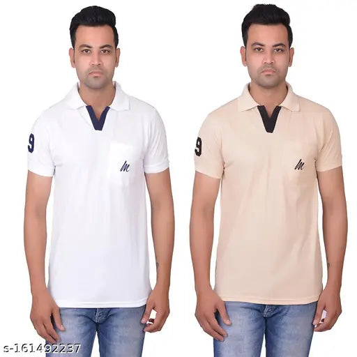 Cotton polo neck t-shirts for men, premium quality by La Mialno, pack of 2 with pockets & embroidery
