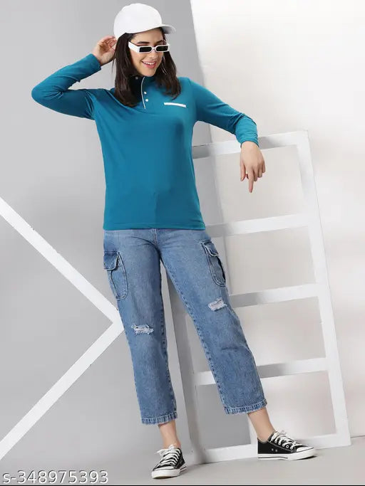 Teal cotton blend long sleeve womens t-shirt with printed design, India origin