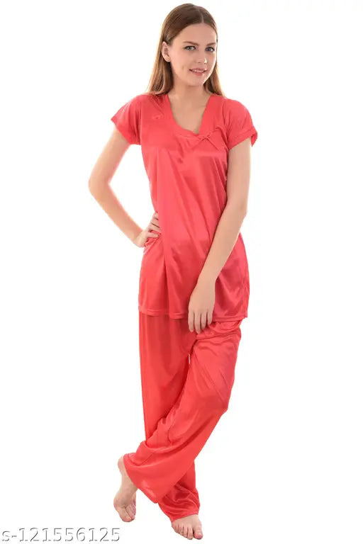 Navy Blue & Coral Red Women's Ultra Soft Satin Combo Night Suit Set (Pack of 2) - Dream Night fashionable yet comfortable nightwear