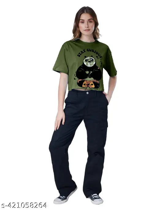 Kamedge® Kung-Fu Panda cotton blend crop top, playful design, short sleeves, martial arts flair, comfortable for women & girls, versatile outfit choice