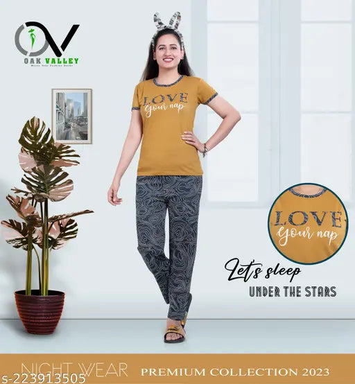 Oak Valley Women's cotton night suit set, printed pyjamas lounge wear for women