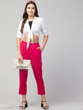 Solid pink cotton casual pants with double pockets, regular fit