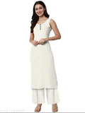 White cotton kurta with palazzos, solid net pattern, three-quarter sleeves, Indian ethnic wear for women, XL size