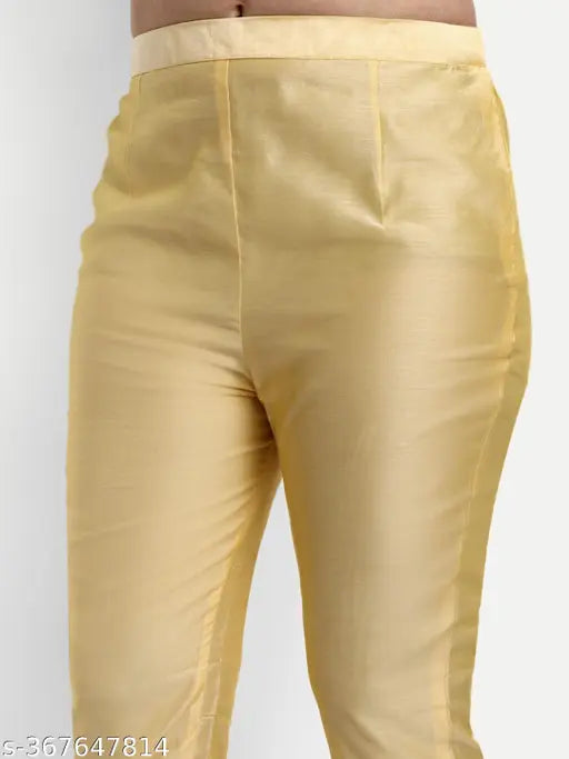 Yellow straight suit with embroidered chanderi design, high waist