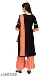 Orange long-length kurta set with flared hems, pair of black trousers