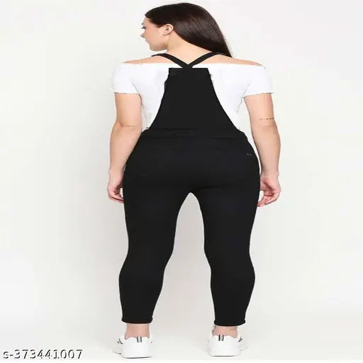 Denim stretchable high waist dungaree for women, solid color, sleeveless design, button closure