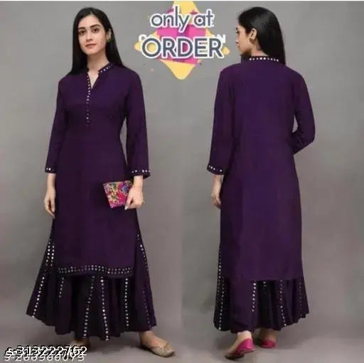 Purple cotton kurta set with embellished borders, long sleeves and embroidered details