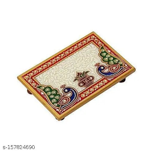 Marble Puja Chowki with Ganesh & Lakshmi Idols, handcrafted in Rajasthan, vibrant colors, 6 x 4 inch size, washable