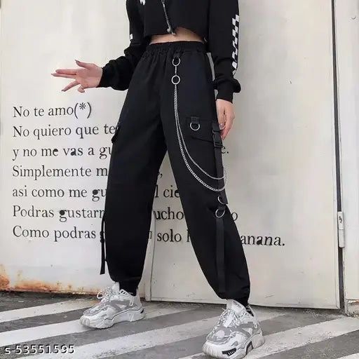 Hip hop style streetwear joggers in black with chains and a drawstring waistband
