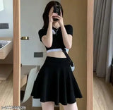 Stylish black mini skater skirt with high waist, flared hem for women's basic casual fashion, trendy skater style