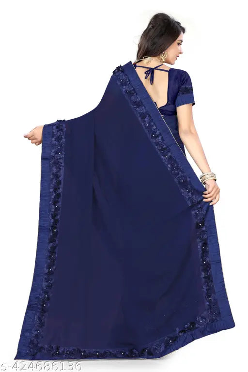 Blue georgette saree with ribbon and floral lace, full-length dress