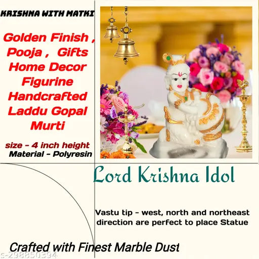 Marble white Krishna baby statue, 4 inch Makhan Chor idol, ideal for home, office, or gift. Handcrafted polyresin figurine for pooja room showcase