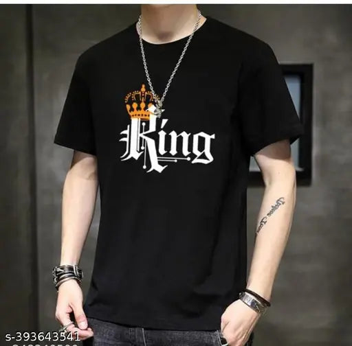 King unisex printed half-sleeve cotton t-shirt, stylish round neck, three-quarter sleeves, unisex regular fit, premium casual wear, S-XXL sizes, made in India