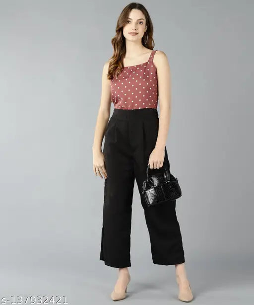 Women's white dot printed pink viscose rayon jumpsuit, sleeveless and sizes available XS-XL, patterned net on a model