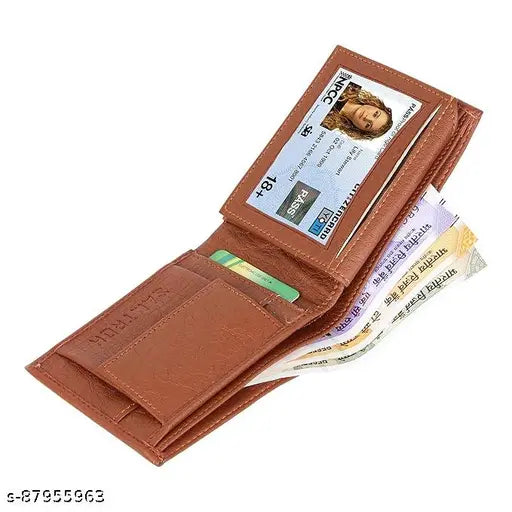 Tan PU leather wallet for men's compact, sleek design with 2 compartments