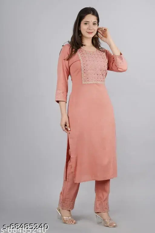 Peach rayon designer kurta pant set with embroidered net, three-quarter sleeves, suitable for casual and semi-formal occasions