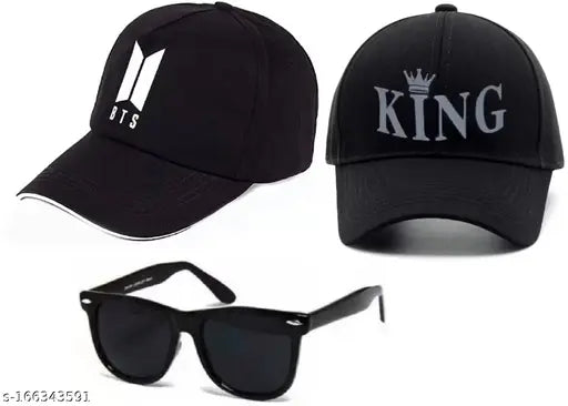 Black cotton BTS-themed baseball cap with self-embroidered design and matching Wayfarer sunglasses, both in black, originating from India