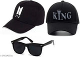 Black cotton BTS-themed baseball cap with self-embroidered design and matching Wayfarer sunglasses, both in black, originating from India