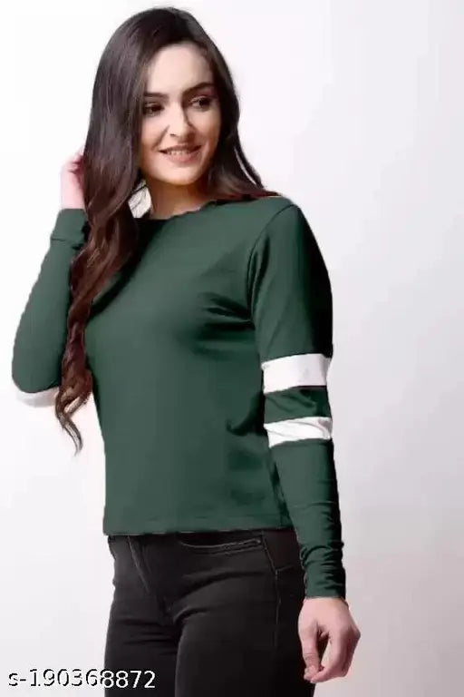 Green cotton blend long sleeve tee for women, solid design with long sleeves, casual and comfortable