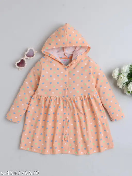 Cotton kids hoodie for girls with printed net pattern, long sleeves. Size options: 0-6M, 6-12M, 12-18M, 18-24M. Origin: India