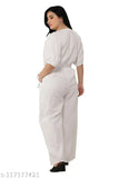 White cotton linen jumpsuit with short raglan sleeves, solid pattern, v-neckline, elastic & smocking detailing, two pockets, zipper closure, and attached belt - India origin