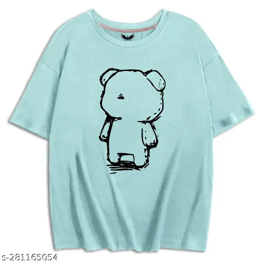 The image displays an oversized aqua t-shirt with a white teddy bear illustration on it
