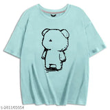 The image displays an oversized aqua t-shirt with a white teddy bear illustration on it