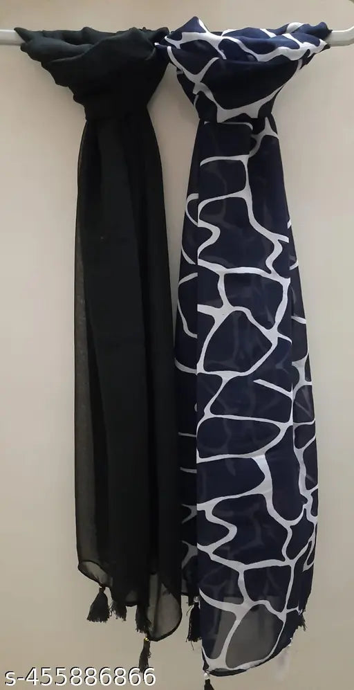 Fancy Floral Print/Latest Design with Premium Quality Poly Chiffon stoles scarves with Pearl and tassels (LATKAN) for Women ladies and girls- Pack of 2(LR/Black Plain Pack of 2)