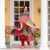 Vibrant synthetic multicolor Delta gown with matching fringe-trimmed dupatta, ideal for festive occasions