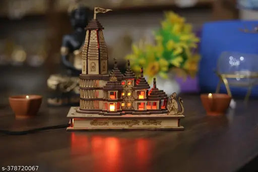 Haridwar Divine Spiritual Gifts LED Light Ram Mandir Wood - Indian Diwali decor item, intricately crafted 3D wooden model of Ayodhya's historical temple