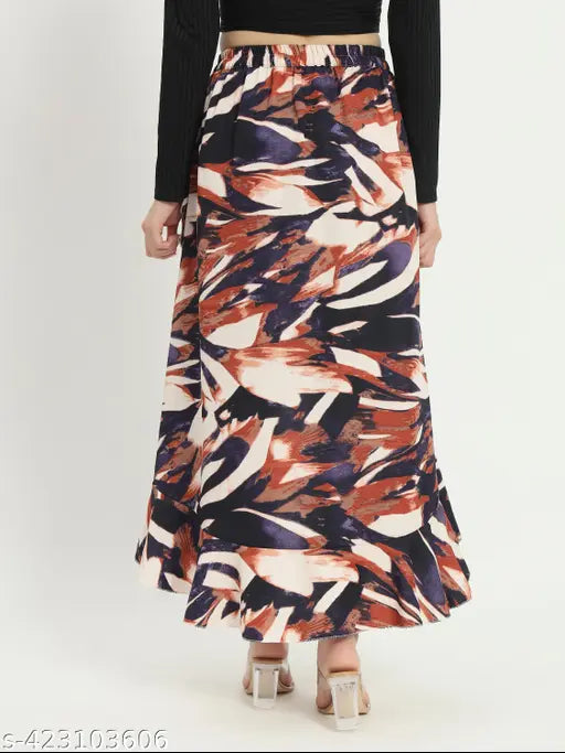 Abstract print crepe midi skirt with pleated A-line silhouette, size 30. Versatile and elegant skirt for casual outings or special occasions, made in India