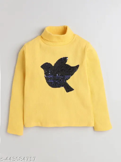 Modern acrylic yellow embroidery top dress for girls, long sleeves on mannequin