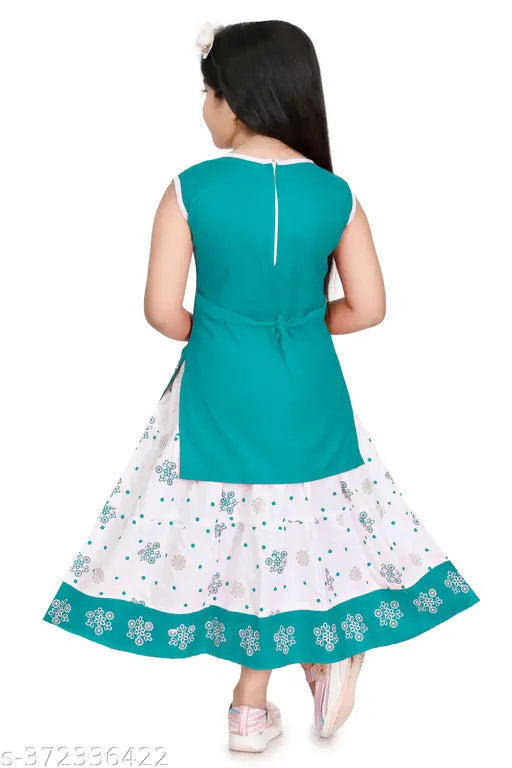 Teal and white chanderi cotton kurta and skirt set with dupatta for girls - Printed design, above knee length, 1-2 years size