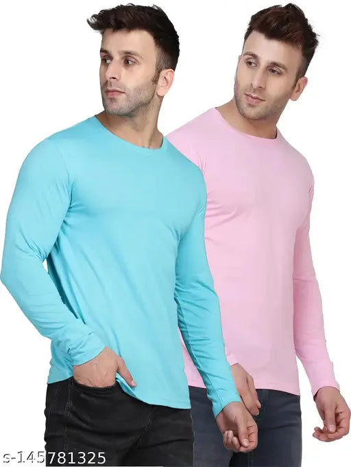 Sky blue and pink cotton blend full sleeves men's t-shirt pack of 2, ideal for various occasions, pre-shrunk and bio-washed for durability