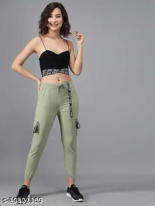 Black and red ZEESHE MEESHE women's Lycra jogger cargo pants with solid pattern, size 28 (waist 28in, length 37in), suitable for casual, running, exercise wear. Possible minor color variation due to lighting. Made in India