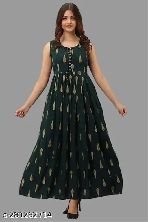 Green rayon anarkali kurta with bottel print and sleeveless design, suitable for M (Bust 38", Size Length 48"), L (Bust 40", Size Length 48"), XL (Bust 42", Size Length 48"), XXL (Bust 44", Size Length 48"). Made in India