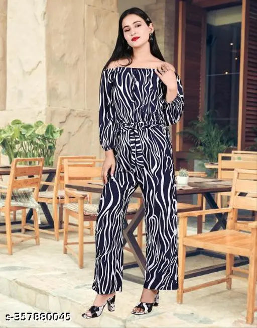 Navy Blue Off-Shoulder Crepe Jumpsuit by SHIVAYA SE - Women's Printed Zebra Long Jumpsuit with Full Sleeves and Two Pockets - Pack of 1 (Navy, Size S)