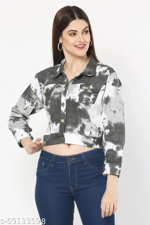 Long-sleeve cotton blend printed jacket, dyed/washed design by Mylookup for women size 34