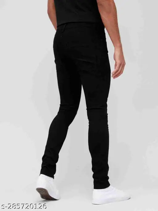 Regular black men's jeans in polyester, solid pattern. Fits sizes 28, 30, 32