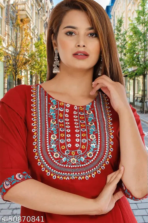Maroon Rayon Anarkali Kurti Dress, embroidered, A-line silhouette, 3/4 sleeves, ideal for office or casual wear