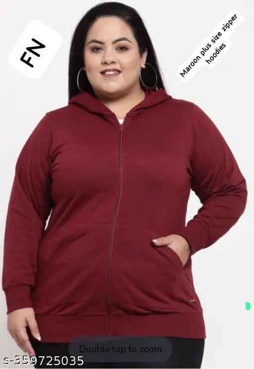 Maroon fleece zipper hoodie, stylish plus size for women/girls, solid pattern, long sleeves, XXL & XXXL sizes