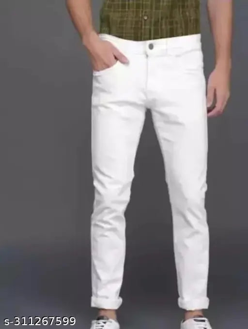 Cotton blend flaying men plain white jeans, solid net for comfortable everyday wear