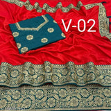 Beautiful Vichitra silk saree with intricate lace border embroidery, free size, Indian origin