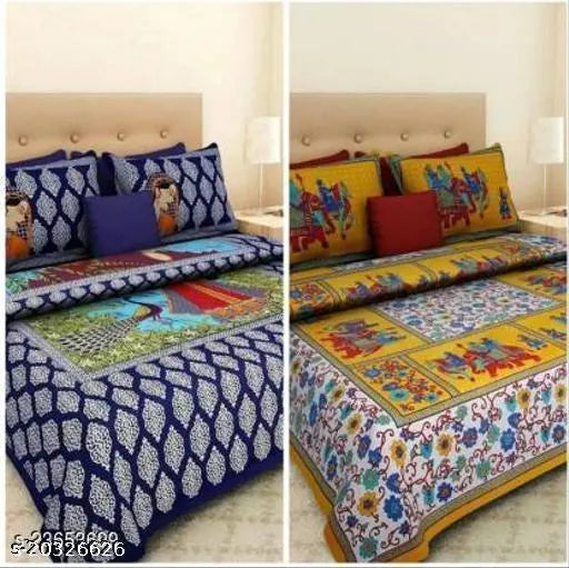 Cotton queen bedsheets set, attractive & graceful, 4 pillow covers, 144 thread count, pack of 2, made in India