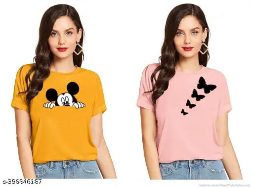 Women's stylish Mickey and butterfly printed cotton T-shirt combos (Pack of 2), short sleeves, summer fashion for women & girls