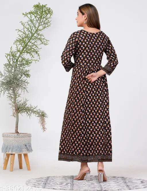Stylish black rayon Anarkali kurtis, three-quarter sleeves, printed floral design, Indian handloom fashion